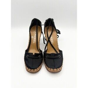Chanel Black Satin Pearl CC Logo Lace Up Sandals S/S 2003 Vintage Size EU 35.5